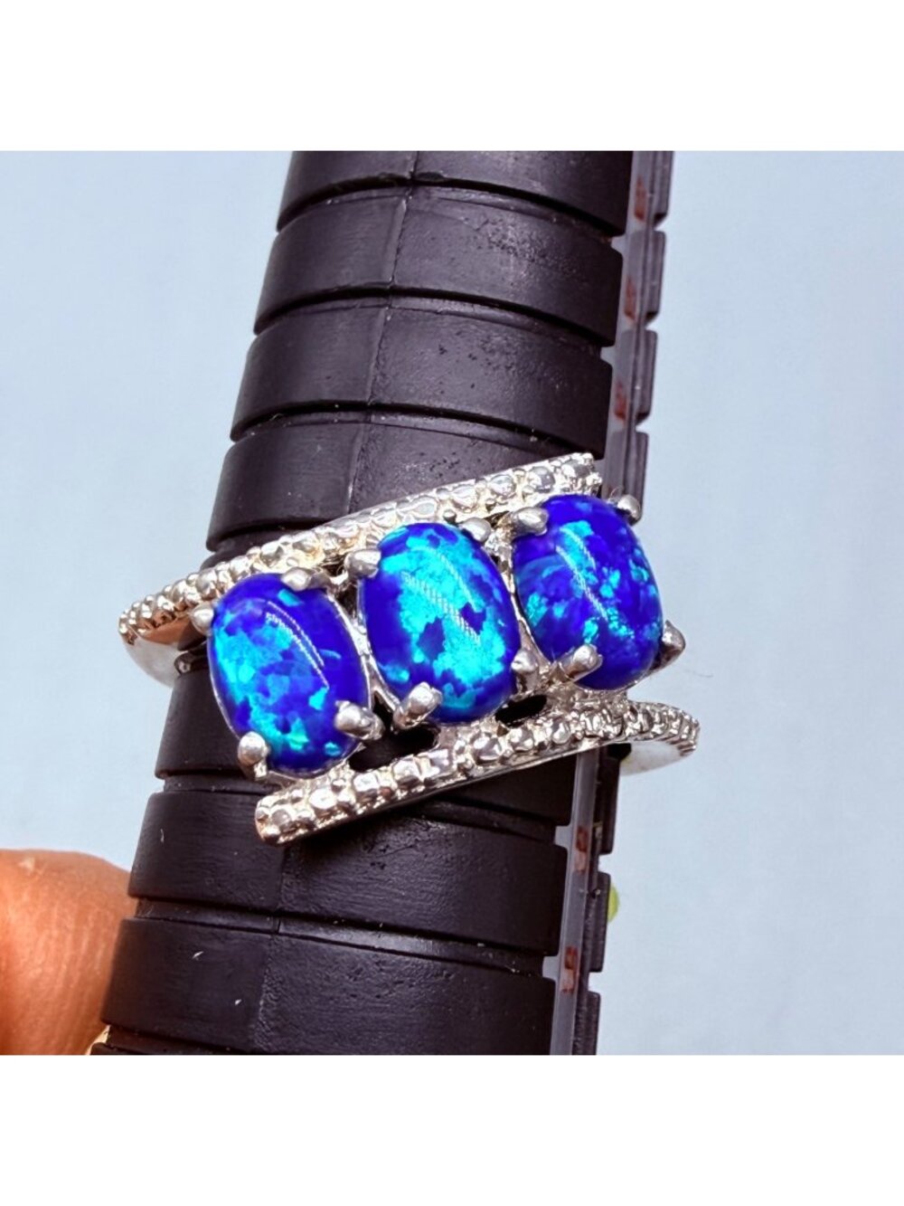 STS Ring Lab Created Black Fire Opal Trilogy Engagement Sterling Silver Sz 8